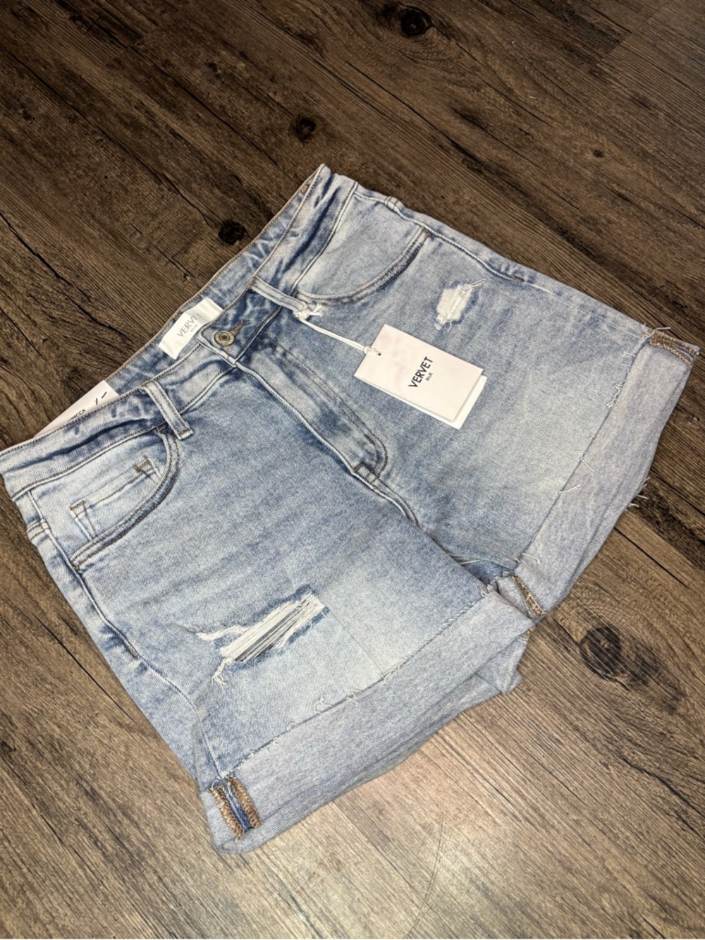 VERVET Blue Rebecca Light Blue Distressed Rolled Hem High Rise Denim Shorts - Picture 3 of 13